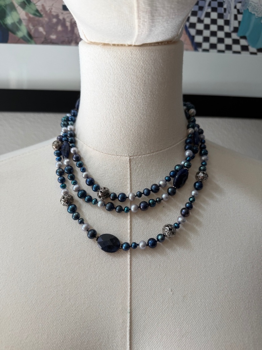 STUNNING 3 Strand Faceted Sodalite Cultured Pearl Sterling Necklace Lucas Lameth